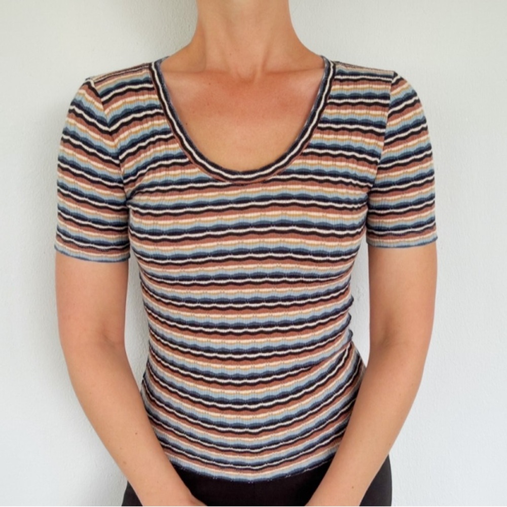 LOFT blue tan stripe scoop neck half sleeve knit cotton blend top size XXSP